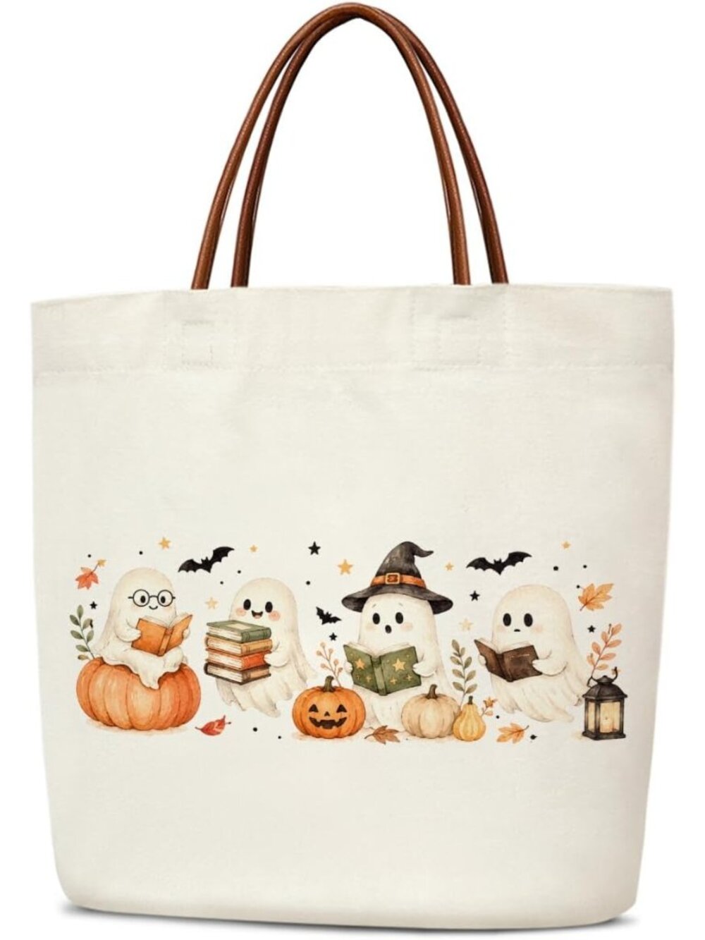 〽️Women's Cream Reading Halloween Reusable Leather Handles Grocery Tote Gift Bag